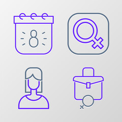 Poster - Set line Work for female, Female, gender and Calendar with 8 March icon. Vector