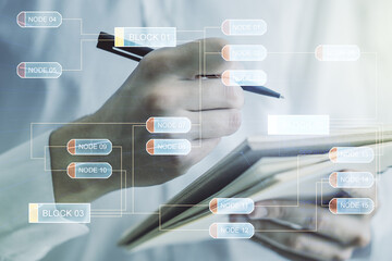 Poster - Multi exposure of abstract creative coding sketch and man hand writing in notebook on background, artificial intelligence and neural networks concept