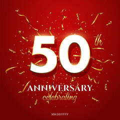Wall Mural - 50 Anniversary Celebrating text with golden serpentine and confetti on red background. Vector fifty anniversary celebration event square template with white numbers with gold frame