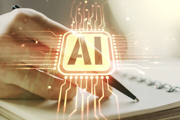 Poster - Creative artificial Intelligence symbol concept with man hand writing in notebook on background. Multiexposure