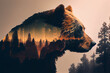 Doppelbelichtung von einem Bär und seinen lebensraum den Wald und die Berge isoliert auf weißen Hintergrund mit Platzhalter - Generative Ai