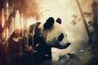 Doppelbelichtung von einer Panda und seinen lebensraum den Regenwald isoliert auf weißen Hintergrund mit Platzhalter - Generative Ai