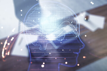 Poster - Double exposure of creative artificial Intelligence symbol and modern desktop with laptop on background. Neural networks and machine learning concept