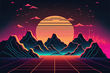 Wall Mural - 80s cyberpunk style in retro Speculative Background futuristic landscape with a laser grid. 1980s digital cyber surface design. illustration. Generative AI