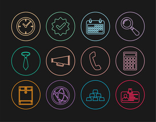 Poster - Set line Identification badge, Calculator, Calendar, Megaphone, Tie, Clock, Telephone handset and Approved check mark icon. Vector