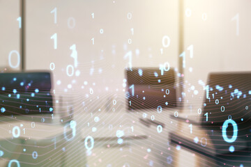 Aufkleber - Creative abstract binary code hologram and modern desktop with pc on background, AI and machine learning concept. Multiexposure