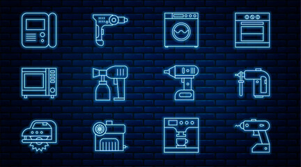 Wall Mural - Set line Electric cordless screwdriver, Rotary hammer drill machine, Washer, Paint spray gun, Microwave oven, House intercom system, and icon. Vector