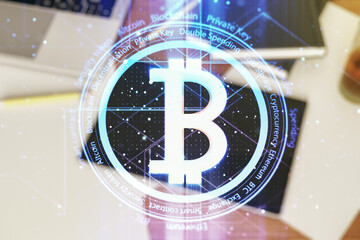 Poster - Creative Bitcoin concept and modern digital tablet on desktop on background, top view. Double exposure