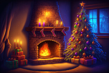 Sticker - interior christmas. magic glowing tree, fireplace and gifts. Generative AI