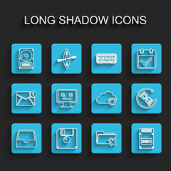 Poster - Set line Social media inbox, Floppy disk, Hard drive HDD, Delete folder, SSD card, Dead monitor, Waiting and Cloud sync refresh icon. Vector
