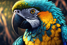 Ara Ararauna, A Bright Blue And Yellow Macaw Parrot, Is Shown In Close Up. Generative AI