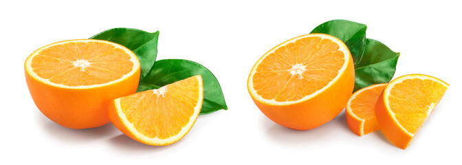 orange fruit half with leaves isolated on white background