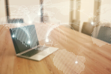 Fototapete - Double exposure of abstract digital world map with connections on laptop background, research and strategy concept