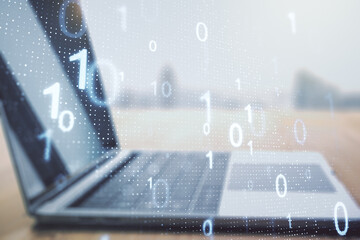 Aufkleber - Double exposure of creative abstract binary code hologram on laptop background. Database and programming concept
