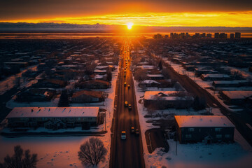 Canvas Print - Drone aerial image of the sunrise above Denver, Colorado. Generative AI