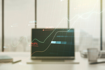 Aufkleber - Multi exposure of stats data illustration on modern laptop background, computing and analytics concept