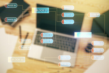Poster - Double exposure of abstract creative programming illustration on computer background, big data and blockchain concept