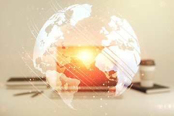 Poster - Double exposure of abstract digital world map on computer background, big data and blockchain concept