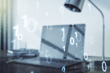 Aufkleber - Creative concept of binary code illustration on modern laptop background. Big data and coding concept. Multiexposure
