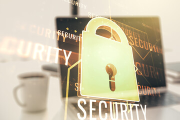 Aufkleber - Creative lock sketch with chip hologram on modern laptop background, protection of personal data concept. Multiexposure