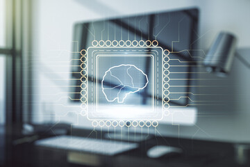 Poster - Creative artificial Intelligence concept with human brain hologram on modern laptop background. Multiexposure