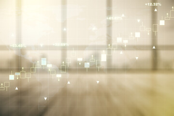 Poster - Multi exposure of virtual abstract financial graph hologram and world map on modern interior background, financial and trading concept