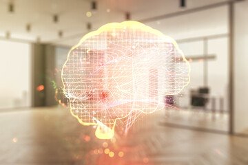 Poster - Virtual creative artificial Intelligence hologram with human brain sketch on a modern furnished classroom background. Double exposure