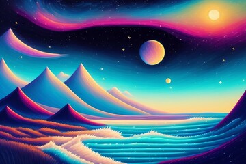 
a drawing of a dreamlike landscape of an ocean, and stars in a night sky, in the style of adventure time. Generative Ai concept