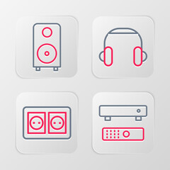 Poster - set line multimedia and tv box, electrical outlet, headphones and stereo speaker icon. vector