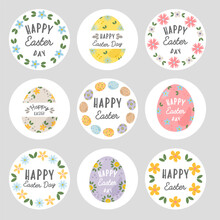 Easter Badges And Labels Vector Design Elements Set. Stickers Easter Templates And Objects, Eggs, Flowers. Happy Easter Typography Messages. Easter Lettering Floral Frames And Hand Drawn Elements.