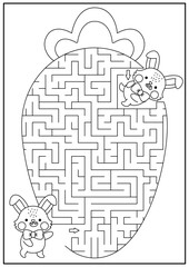 Wall Mural - Easter black and white maze for kids. Spring holiday preschool printable activity with kawaii bunny eating big carrot. Geometrical labyrinth game, puzzle or coloring page with cute character.