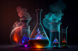 Chemistry science research lab background with a glass flask and vial and a vibrant digital abstract banner. Generative AI