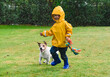 Child playing with family pet dog on backyard lawn under spring rain. Due to rain season girl wearing waterproof clothing