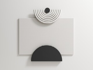 Poster - Minimal template with primitive black and white shapes. 3d render, abstract geometric composition. Trendy abstract aestetic background for presentation, logo, web design.