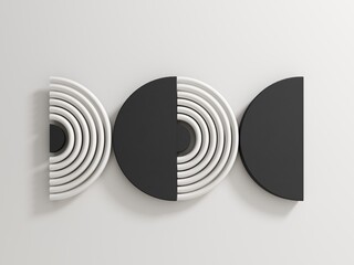 Poster - Minimal template with primitive black and white shapes. 3d render, abstract geometric composition. Trendy abstract aestetic background for presentation, logo, web design.