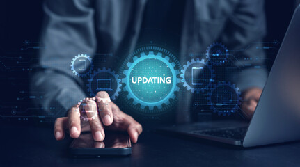 Poster - Update software system in computer. Man using smartphone upgrade program, Business technology internet loading virtual bar with installing the update for the quality better.