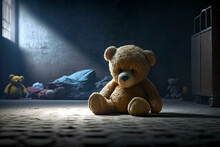 A Teddy Bear Sitting On The Floor Of A Dark, Abandoned Room. Mysterious, Scary Place. No Love, Poverty, Fear, Child Loneliness  - Concept. Ai Llustration, Fantasy Digital, Artificial Intelligence