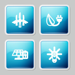 Sticker - Set line Wind turbines, Electric saving plug leaf, Solar energy panel and battery and Light bulb with gear icon. Vector