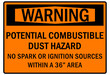 Combustible dust warning sign and labels potential combustible dust hazard no spark or ignition sources