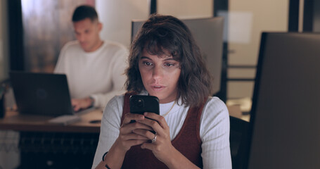 Aufkleber - Smartphone, office and business woman with social media networking, feedback and online review of data analytics, seo and app management. Focus, typing and digital marketing worker on cellphone chat