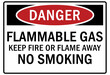 Flammable gas warning sign and labels keep fire or flame away, no smoking
