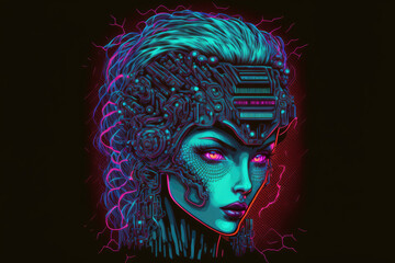 Sticker - Artificial intelligence. Cyborg female head with a brain made of ANNs. neon cyberpunk in the 1980s fashion. artificially intelligent computerized female robot face. Banner for electronic technology in