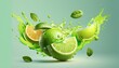  a green apple with a splash of juice on it and a slice of lime in the middle of the image with leaves and leaves surrounding it.  generative ai
