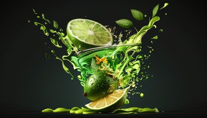  a lime and limeade splashing into a glass of water with green leaves and limes on the side of the glass, on a black background.  generative ai