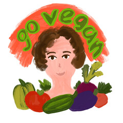 Hand drawn artist illustration of woman with various vegetables. Green organic fresh food package packaging logo sign, Carrot tomato  vegan vegetarian produce, loose sketch painterly style.