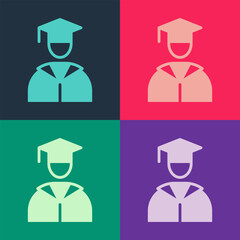 Wall Mural - Pop art Graduate and graduation cap icon isolated on color background. Vector