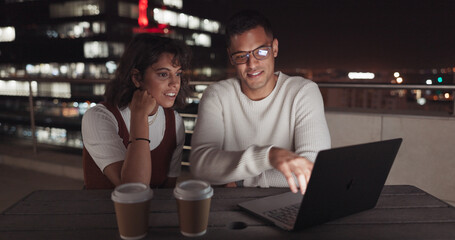 Fototapete - Laptop, collaboration and night with a business team working together on balcony in the city. Teamwork, computer and overtime with a man and woman employee at work late on a project deadline