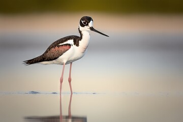 Wall Mural -  a long legged bird standing on a body of water with a long beak and long legs, with a blurred background of water and a building in the foreground.  generative ai