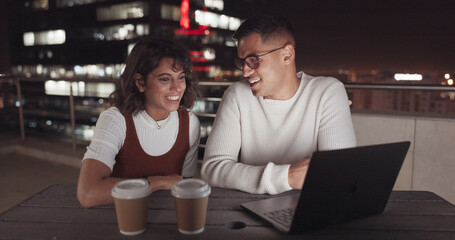 Fototapete - Laptop, collaboration and night with a business team working together on balcony in the city. Teamwork, computer and overtime with a man and woman employee at work late on a project deadline