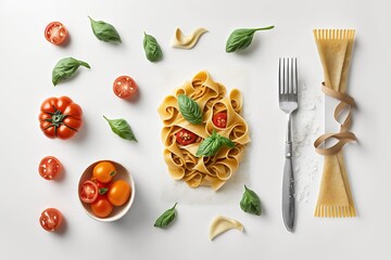 Poster -  a plate of pasta with tomatoes, basil, and a fork on a white surface next to a fork and a bowl of tomatoes and basil.  generative ai